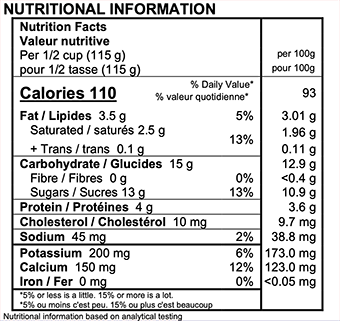 Vanilla Yogurt Nutrition Label